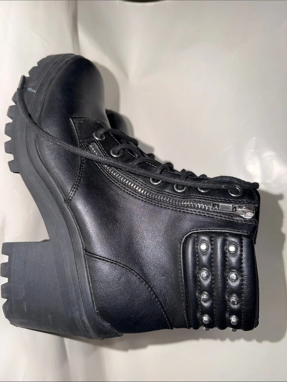 No Boundaries Black Lace-Up Studded Chunky Heel Combat Boots - Picture 5 of 8